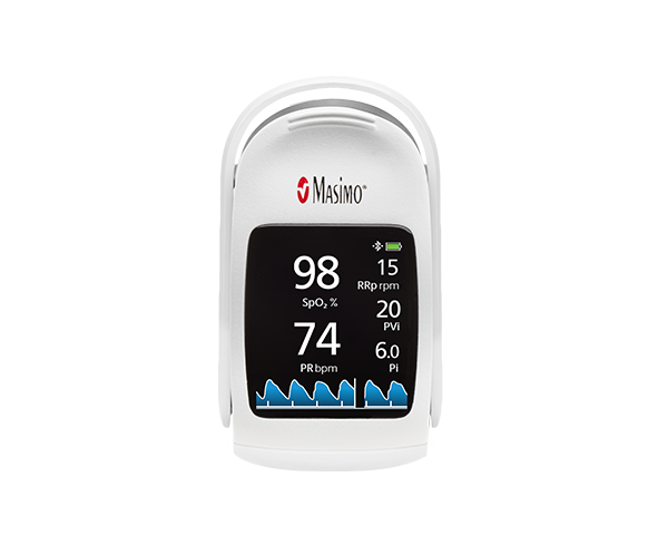 MightySat Rx fingertip Pulse Oximeter displaying SpO<span class=sub8>2</span> and pulse rate.